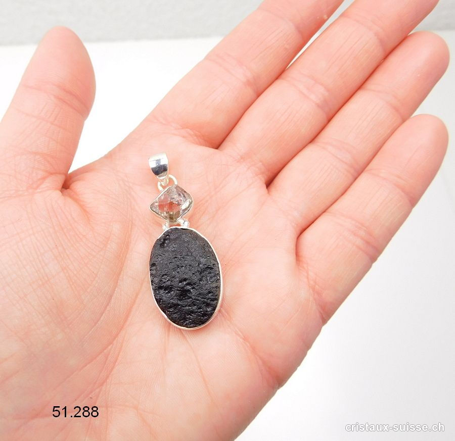 Pendentif Tectite et Diamant Herkimer en argent 925. Pièce unique