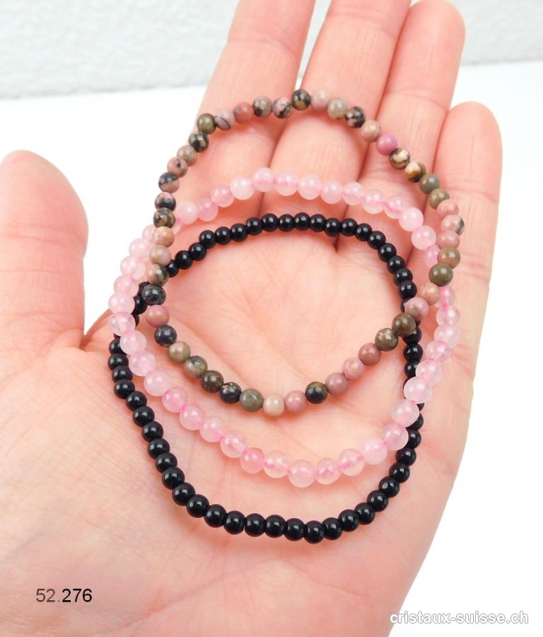 3 bracelets EQUILIBRE EMOTIONNEL, Onyx noir, Rhodonite et Quartz rose. Offre Spéciale