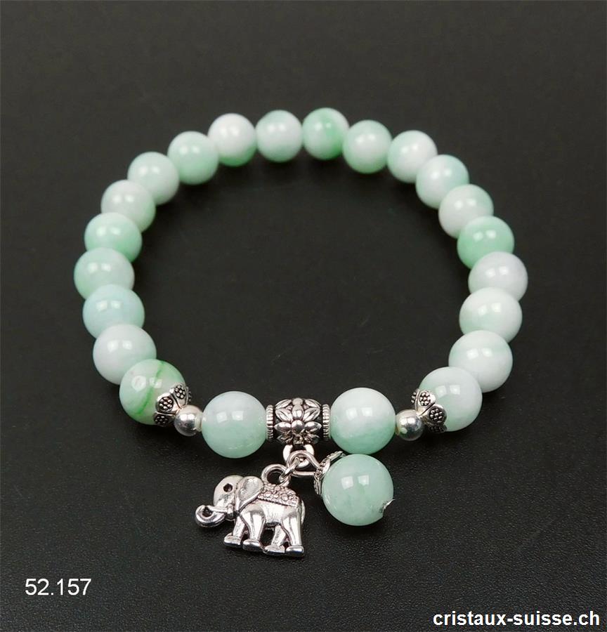 Bracelet Quartz vert d'eau 8 mm, élastique 19 cm. Avec éléphant
