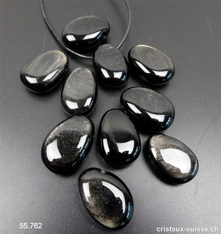 Obsidienne argentée 2,7 - 3 cm percée avec cordon cuir à nouer