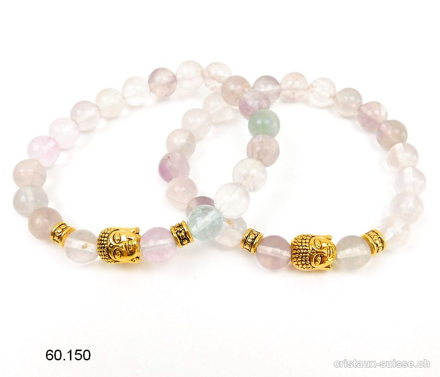 Bracelet Fluorite claire 8 - 8,5 mm/19 cm et BOUDDHA doré. Offre Spéciale